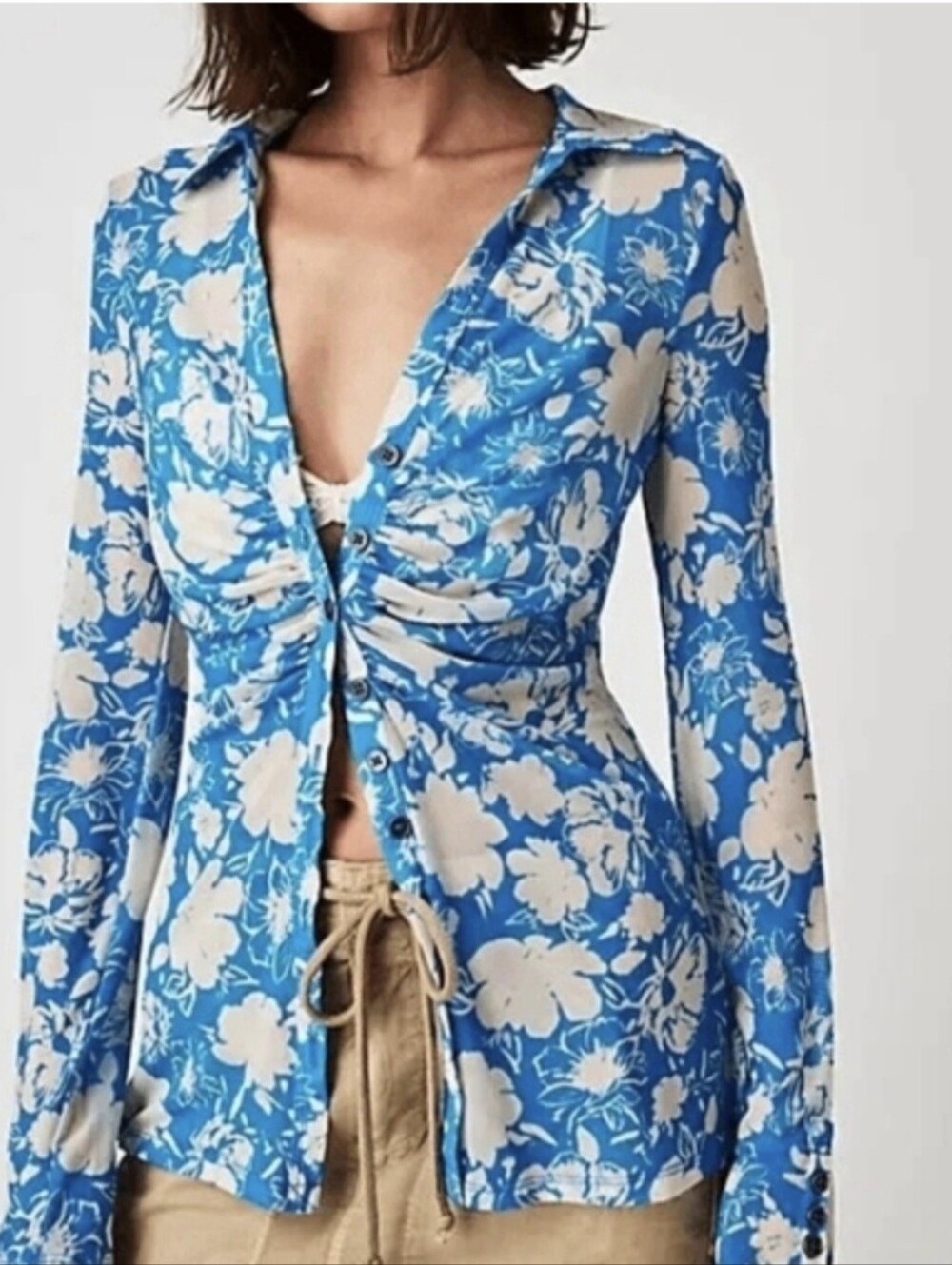 Free People Floral Blue and Cream Women's Top